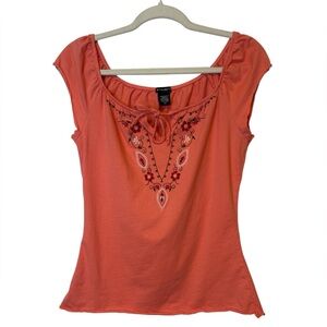 FANG peachy Y2K Embroidered Floral Tie Front Short Sleeve Elastic Off Shoulder